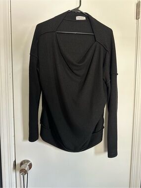 First Love Black Ribbed Cowl-Neck Long Sleeve Top